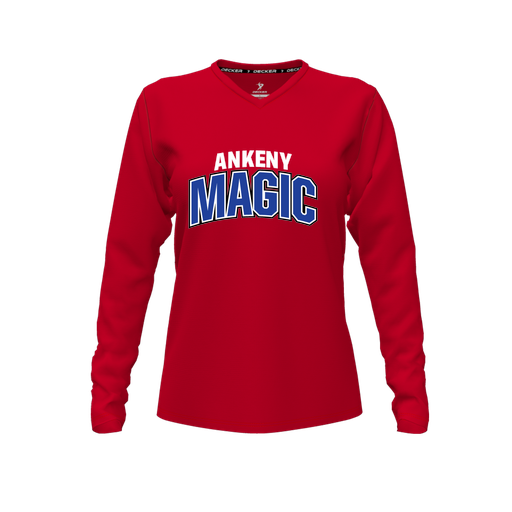 [FTLVCFRD-FYXS-LOGO1] Decker Comfort T-Shirt (Female Youth XS, Red, V Neck, Logo 1, Long Sleeve)