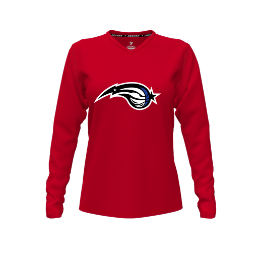 [CUS-DFW-TEES-CMF-VNK-LSL-RED-FYXS-LOGO2] Decker Comfort T-Shirt (Female Youth XS, Red, V Neck, Logo 2, Long Sleeve)