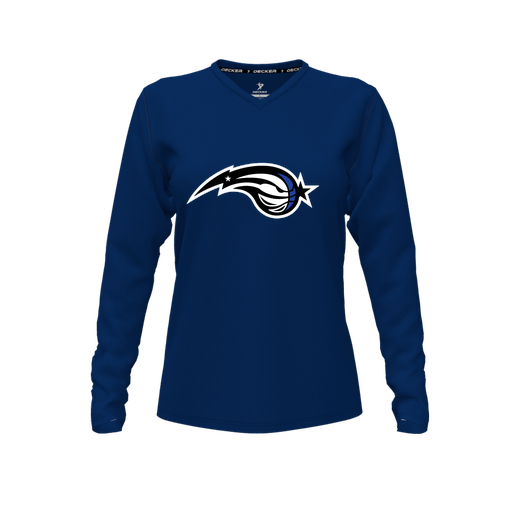 [CUS-DFW-TEES-PER-VNK-LSL-NVY-FYXS-LOGO2] Performance T-Shirt (Female Youth XS, Navy, V Neck, Logo 2, Long Sleeve)