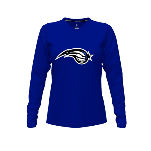 [CUS-DFW-TEES-PER-VNK-LSL-RYL-FYXS-LOGO2] Performance T-Shirt (Female Youth XS, Royal, V Neck, Logo 2, Long Sleeve)