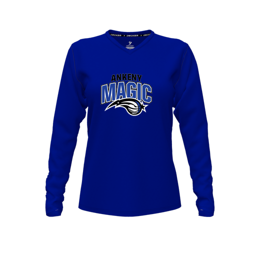 [CUS-DFW-TEES-PER-VNK-LSL-RYL-FYXS-LOGO3] Decker Performance T-Shirt (Female Youth XS, Royal, V Neck, Logo 3, Long Sleeve)