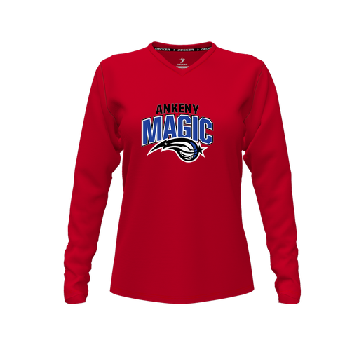 [CUS-DFW-TEES-PER-VNK-LSL-RED-FYXS-LOGO3] Decker Performance T-Shirt (Female Youth XS, Red, V Neck, Logo 3, Long Sleeve)